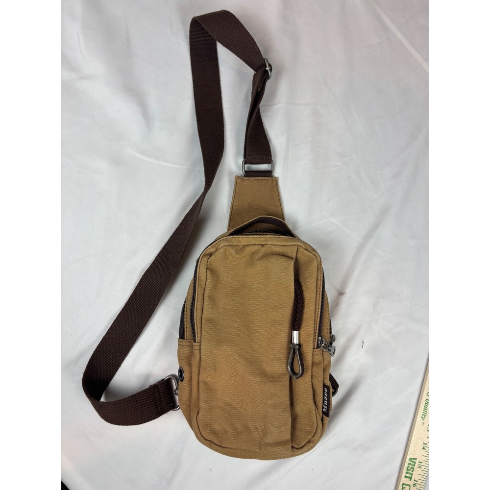 Muzee Canvas Sling Bag Tan Brown Crossbody Travel Backpack with USB Port